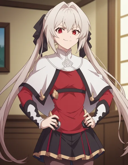 score_9, score_8_up, score_7_up, source_anime, <lora:lynneburg-clays-s1-ponyxl-lora-nochekaiser:1>, lynneburg clays, long hair, red eyes, twintails, grey hair, hair intakes, hair ribbon,, pantyhose, capelet, white capelet, dress, red dress, long sleeves, skirt, black skirt, pleated skirt,, living room, video game, controller, competitive, fun, afternoon, , looking at viewer, smug, hands on hips,, solo,, cowboy shot, dutch angle