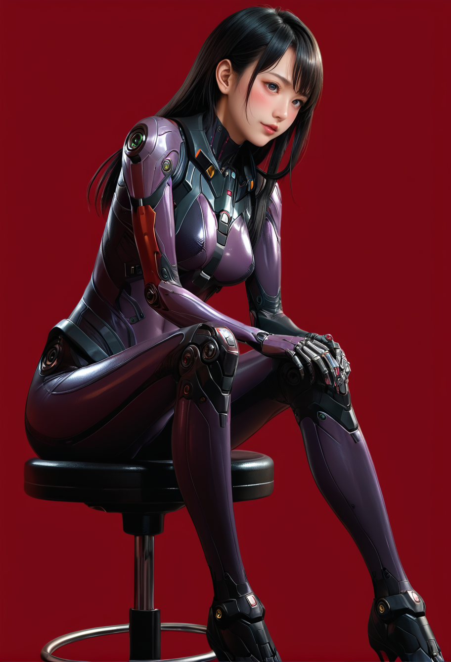 1girl,solo,red background,,ruanyi0867,purple bodysuit,cyborg,science fiction,skin tight,
long hair,cuteg,blush,knees apart feet together,stool,sitting,<lora:0867 Battle suit_v1_pony:1>, score_9,score_8_up,score_7_up,,8k,1girl,solo,,