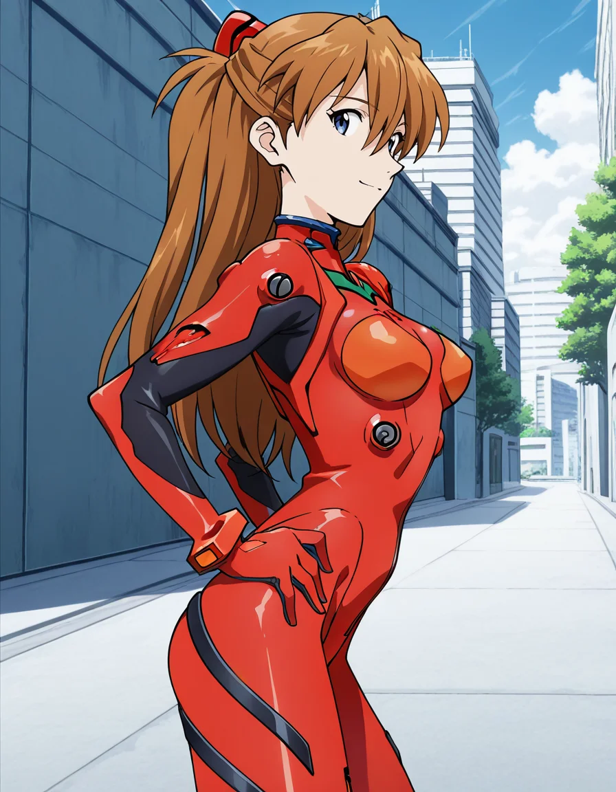 Souryuu Asuka Langley (sadamoto yoshiyuki) V2,blue eyes,brown hair,long hair,two side up,interface headset,red plugsuit,hands on own hips,cowboy shot,outdoors,city,(from side:2.5),light smile,(hat:-1),
day,
1girl,
looking at viewer,
breasts,
perky breasts,explicit,hair between eyes,curvy,slim,skindentation,
(anime screencap),(anime coloring:1.2),anime screenshot, animated painting, animated gif,2d cel anime,anime cap,anime,anime style,anime cel,Cel shading,cel shaded,soft brightness,perfect face,perfect nose, perfect hair, perfect eyes,perfect female body,perfect skin,a face of perfect proportion,perfect lighting,perfect anatomy,perfect proportion,perfect hands,perfect legs,perfect fingers,masterpiece,super fine illustration,(best quality, absurd res, ultra detailed),very aesthetic,absurdres,16k,intricate detail,amazing quality,detailed linework,vibrant colors,kawaii,flat color,
<lora:æ°ä¸ç´ã¨ã´ã¡ã³ã²ãªãªã³æ£æµã¢ã¹ã«ã©ã³ã°ã¬ã¼è²æ¬ç¾©è¡ä¼¼é¢¨illustriousV2Neon_Genesis_EvangelionSouryuu_Asuka_LangleySadamoto_Yoshiyuki_StyleillustriousV2-000009:1:0.8>