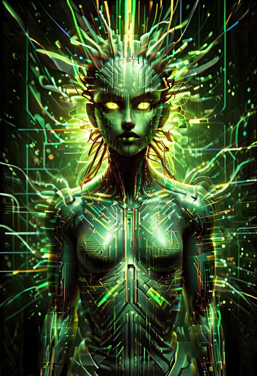 Glitch,digital, glitch style, humanoid figure, shodan, glowing yellow-green eyes, digital data and wires running in the background