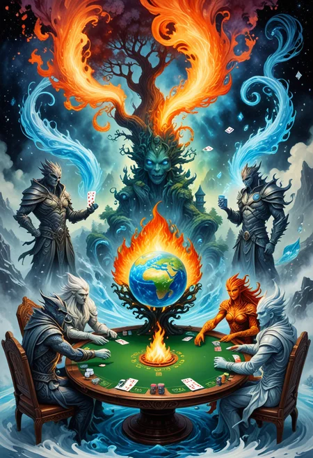 (ULTIMATE style, INK WASH) of a poker party, earth planet above a poker table, four elementals playing poker, one fire elemental, one water elemental, one earth elemental, one air elemental, flame, frost, wind, nature, trees, leaves, intricate details, masterpiece, best quality