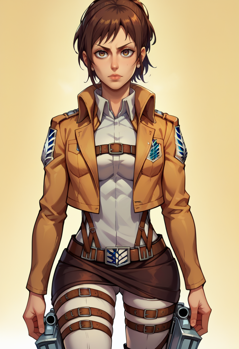 score_9, score_8_up, score_7_up, score_9, BREAK,  <lora:SashaBrausSDXL:1> SashabrausSDXL, 1girl, solo, looking at viewer,  short hair,  brown hair,  jacket, ponytail, boots, belt, pants, uniform, thigh strap, knee boots, emblem, paradis military uniform, survey corps (emblem), training corps (emblem), wide hips,