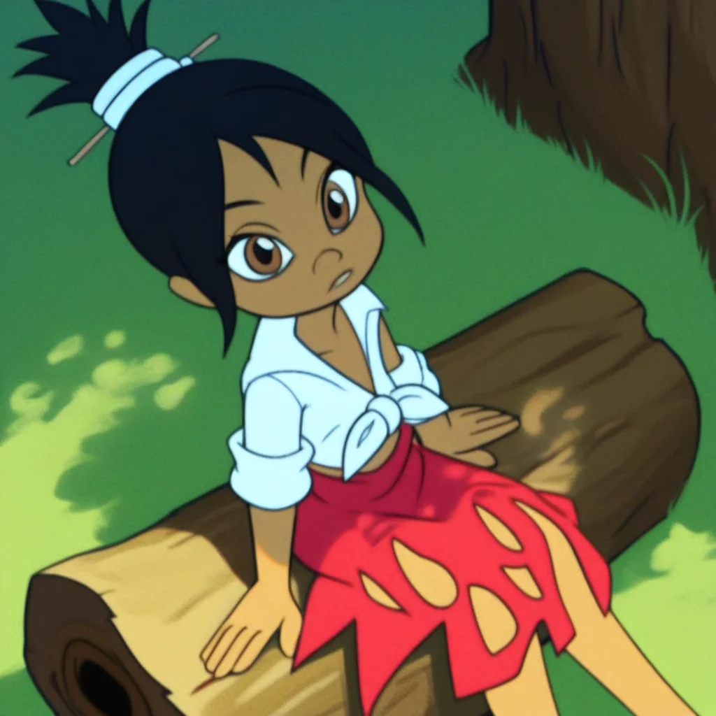 score_9, solo, candela_m, black hair, brown eyes, dark skin, tied shirt, skirt, high angle, sitting, log, outdoors, natural lighting, looking at viewer