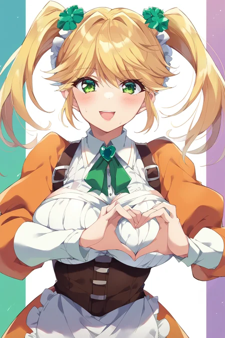 score_9, score_8_up, score_7_up, score_6_up, score_5_up, score_4_up, masterpiece, high quality, BREAK, full body, BREAK, 1girl, <lora:HeartBoobPose:0.9> HeartBoobPose, hand gesture, posing, heart shaped hands, over breasts, heart hands, <lora:Tarte(WFA):0.8> blond hair, green eyes, orange maid outfit, twintails, green hair ornaments, large breasts, green corset, over nipple