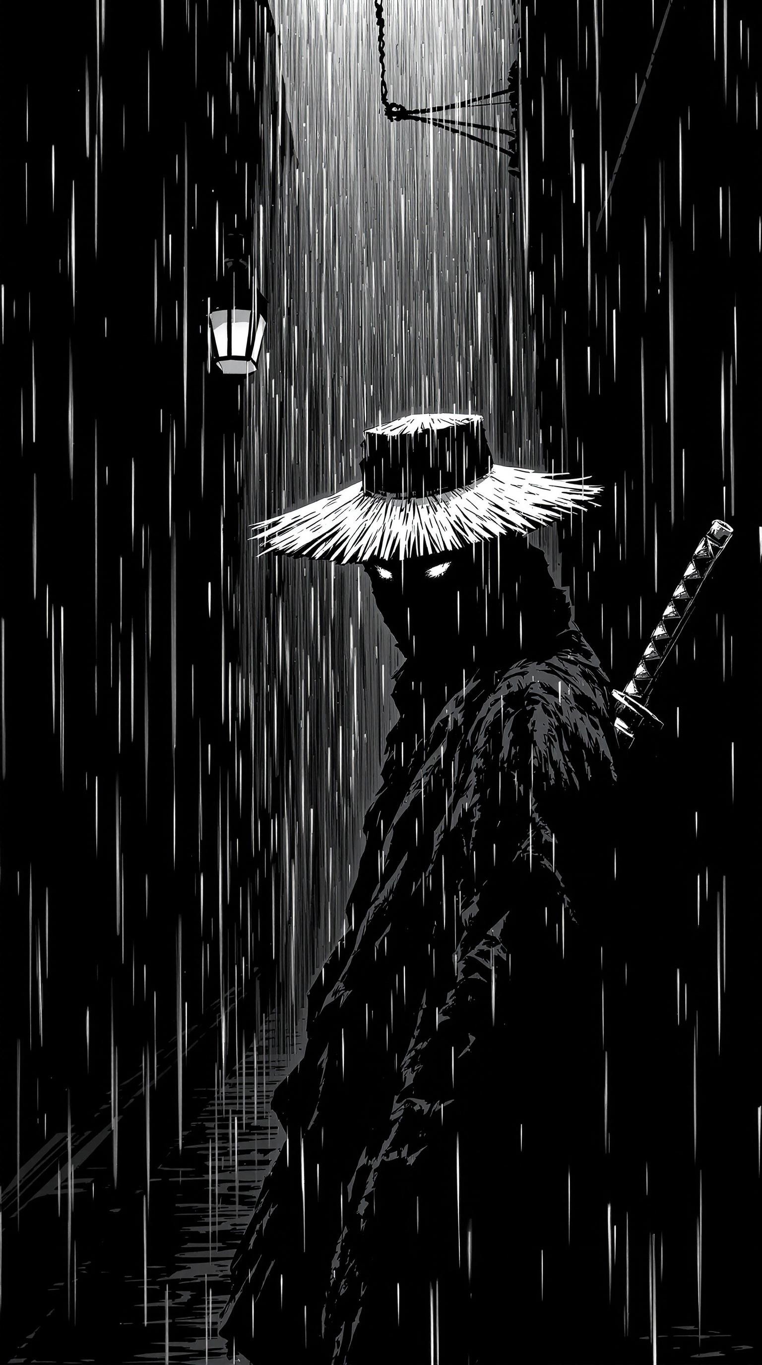 In the style of a monochrome manga, a dark silhouette materializes at the end of the alley - the figure of a lone ninja dressed in a tattered, fluttering robe. His face is partially hidden by the brim of a straw hat, from which water cascades. His eyes glow in the dark, and the dim light from the overhead lamp reflects off the polished handle of the katana hanging on his back. His posture is tense, but at the same time deliberate, as if he feels that he is being watched from the shadows. Raindrops drum on his hat, creating a rhythmic, echoing sound