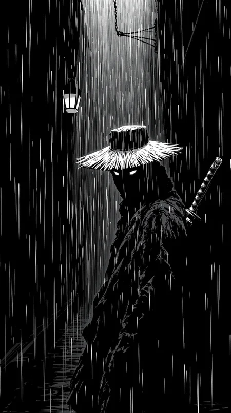 In the style of a monochrome manga, a dark silhouette materializes at the end of the alley - the figure of a lone ninja dressed in a tattered, fluttering robe. His face is partially hidden by the brim of a straw hat, from which water cascades. His eyes glow in the dark, and the dim light from the overhead lamp reflects off the polished handle of the katana hanging on his back. His posture is tense, but at the same time deliberate, as if he feels that he is being watched from the shadows. Raindrops drum on his hat, creating a rhythmic, echoing sound