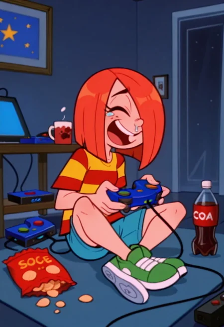 score_9, score_8, score_7_up, source_cartoon, orginal source, parody highres, absurdres, masterpiece, highly detailed, rating_safe, solo, BREAK,
WACGRANDD, 1girl, red hair, hair over one eye, orange hair, shirt, red shirt, yellow shirt, striped shirt, striped, blue shorts, green shoes, shorts, shoes,
soda can, bag of chips, bottle, can, controller, cup, dualshock, game_console, game_controller, gamepad, highres, holding, holding_controller, holding_game_controller, indoors, mug, 1girl, open_mouth, playing_games, playstation_2, playstation_controller, sitting, smile, snot, streaming_tears, tears, solo, happy, smile, laughing, console