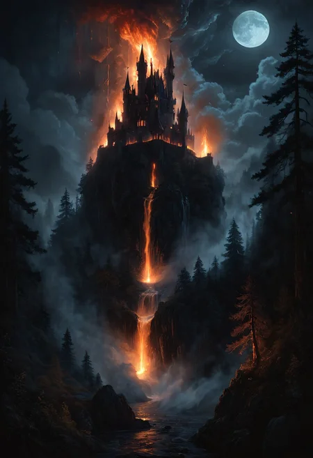 From behind, looking out,
Dark evil Castle, standing over a waterfall, epic forest kingdom, elaborate atmosphere, at night, moonlight, holding a torch, fire, fire glow, particles, pine trees, mist, fog,
Masterpiece, highly detailed, highly textured,