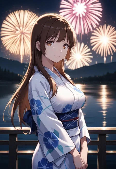 masterpiece, best quality, amazing quality,ayumi nonokura, brown eyes, brown hair, long hair, 1girl, solo,breasts, japanese clothes, yukata,white kimono,light smile, standing, looking at viewer, cowboy shot, outdoors, lake, aerial fireworks, night, blurry background<lora:ayumi nonokuraV1:1>