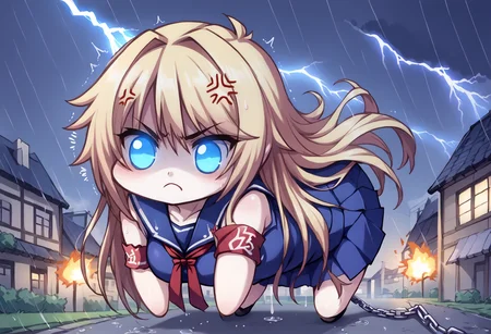 score_9, score_8_up, score_7_up, source_anime, uncensored, zPDXLxxx, <lora:intricate_details:1> intricate_details_xl, outdoors, town, rain, explosion, sound effects, lightning,
<lora:Tsujidou_Ai3.0:0.7> tsujidou ai, default outfit, 1girl, solo, long hair, school uniform, chain, blue eyes, blonde hair, serafuku, skirt, armband, frown, glowing eyes, shaded face, anger vein,
<lora:Doro_X_PDXL_V1:1> doro, creature, chibi, no humans, four legs, solid circle eyes, no pupils