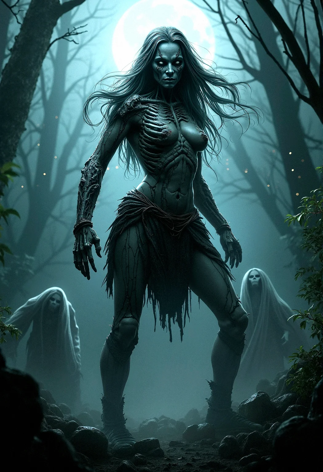 A hyperrealistic depiction of a rotting undead Amazoness warrior, towering and muscular, with intricate skeletal makeup that blends with her decaying beauty. She stands in a dynamic pose, her skeletal armor cracked and worn, surrounded by a dark jungle. Thick fog swirls around her, with light particles shining through from the moonlight. Her fierce expression and flowing, ethereal hair add to the menacing aura. The nighttime setting, realistic shadows, and eerie atmosphere are enhanced by ghostly apparitions lurking in the background.








