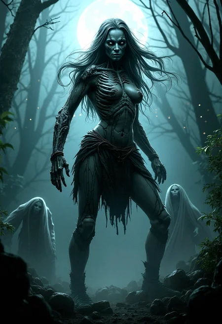 A hyperrealistic depiction of a rotting undead Amazoness warrior, towering and muscular, with intricate skeletal makeup that blends with her decaying beauty. She stands in a dynamic pose, her skeletal armor cracked and worn, surrounded by a dark jungle. Thick fog swirls around her, with light particles shining through from the moonlight. Her fierce expression and flowing, ethereal hair add to the menacing aura. The nighttime setting, realistic shadows, and eerie atmosphere are enhanced by ghostly apparitions lurking in the background.