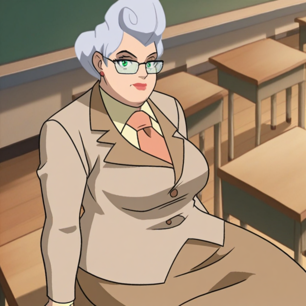 score_9, solo, principal_k, 1girl, grey hair, green eyes, glasses, necktie, suit, skirt, sitting, classroom, looking at viewer