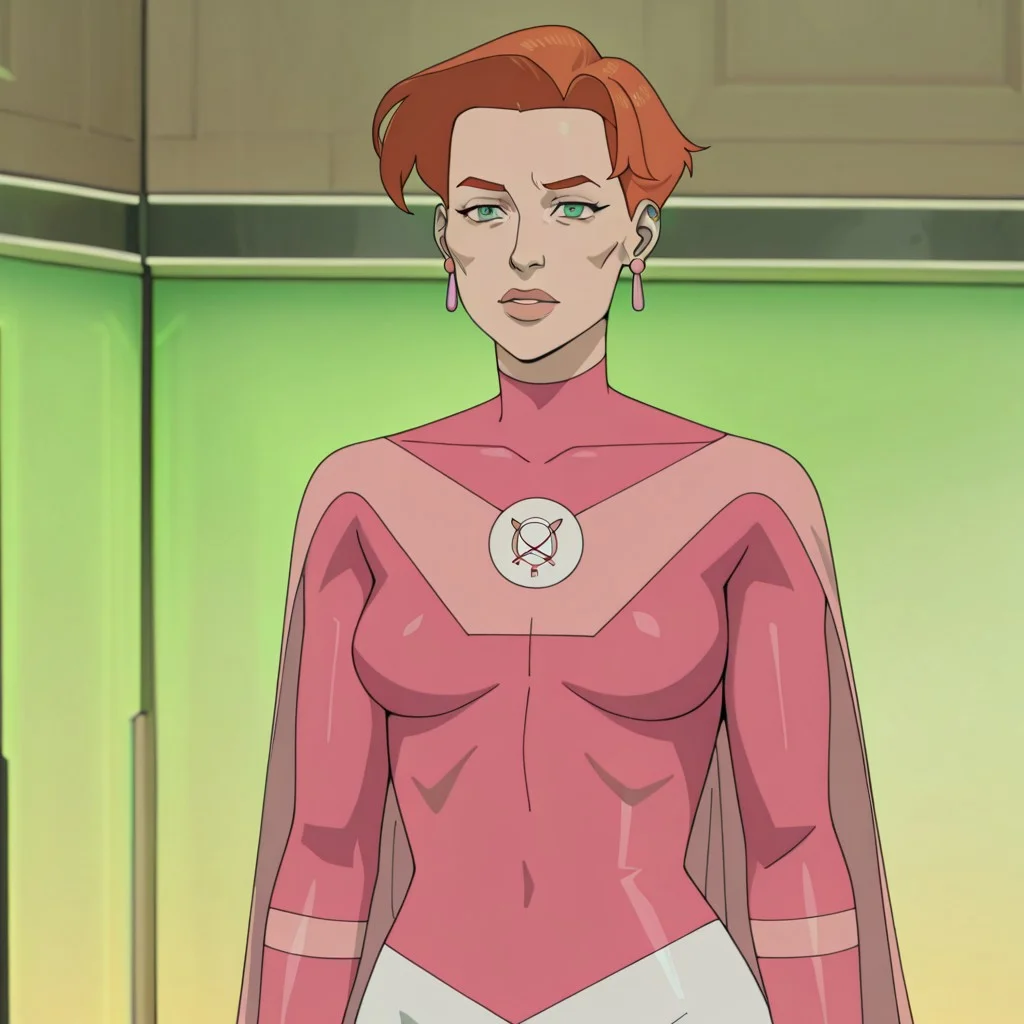 masterpiece, best quality, newest, absurdres, highres, Invincible-show-style-INVPACK.V1.0,
1girl, AT0Meve-INVPACK.V1.0-FUTURE, mature, mature female, short hair, redhead, ginger, orange hair, green eyes, jewelry, earrings, AT0Meve-INVPACK.V1.0-Superherooutfit+white-pants, white pants, pink bodysuit, superhero, cape, short cape, bodysuit, gloves, knee boots, pink footwearm boots,