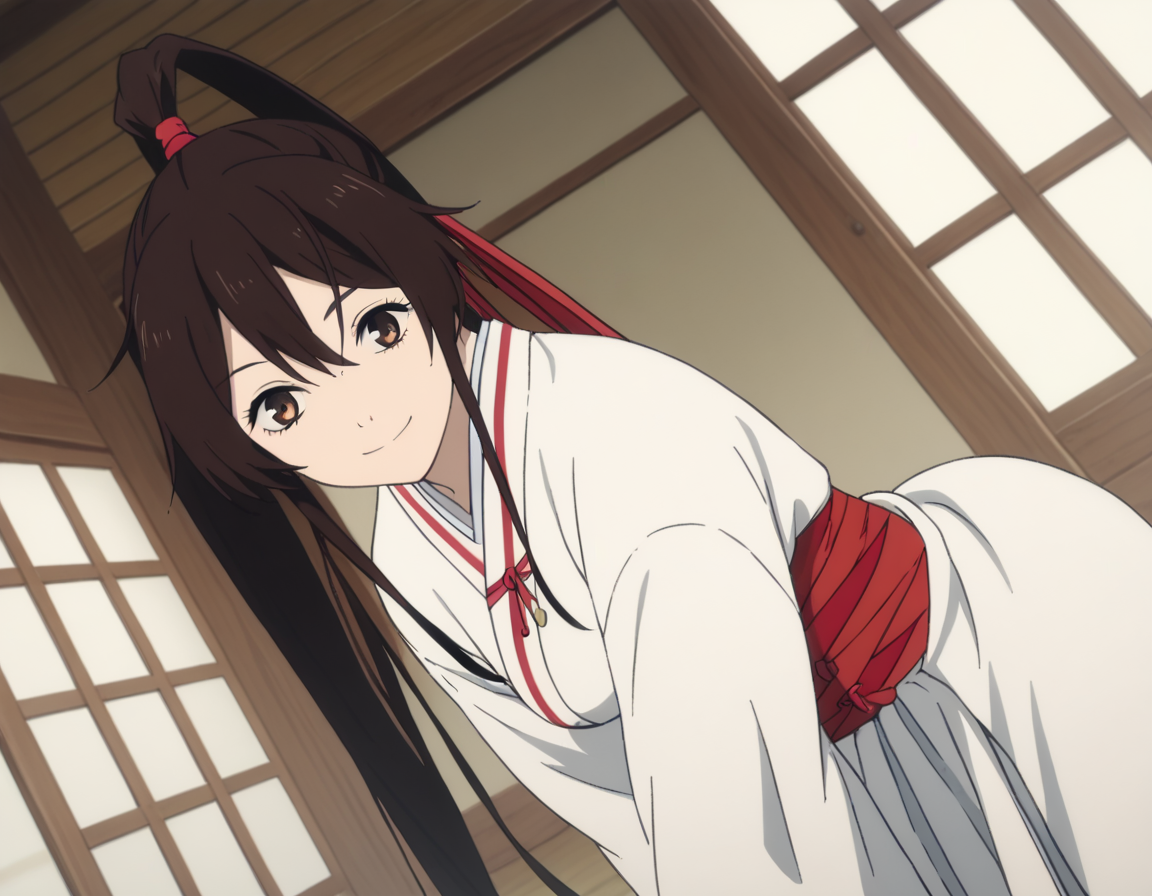 score_9, score_8_up, score_7_up, source_anime,
sagiriyamadaasaemon, <lora:sagiri-yamada-asaemon-s1-ponyxl-lora-nochekaiser:1>,
sagiri yamada asaemon, long hair, black hair, ponytail, high ponytail, brown eyes,
japanese clothes, kimono, hakama,
indoors, dojo, bent over, smile,
solo, dutch angle, looking at viewer, cowboy shot,