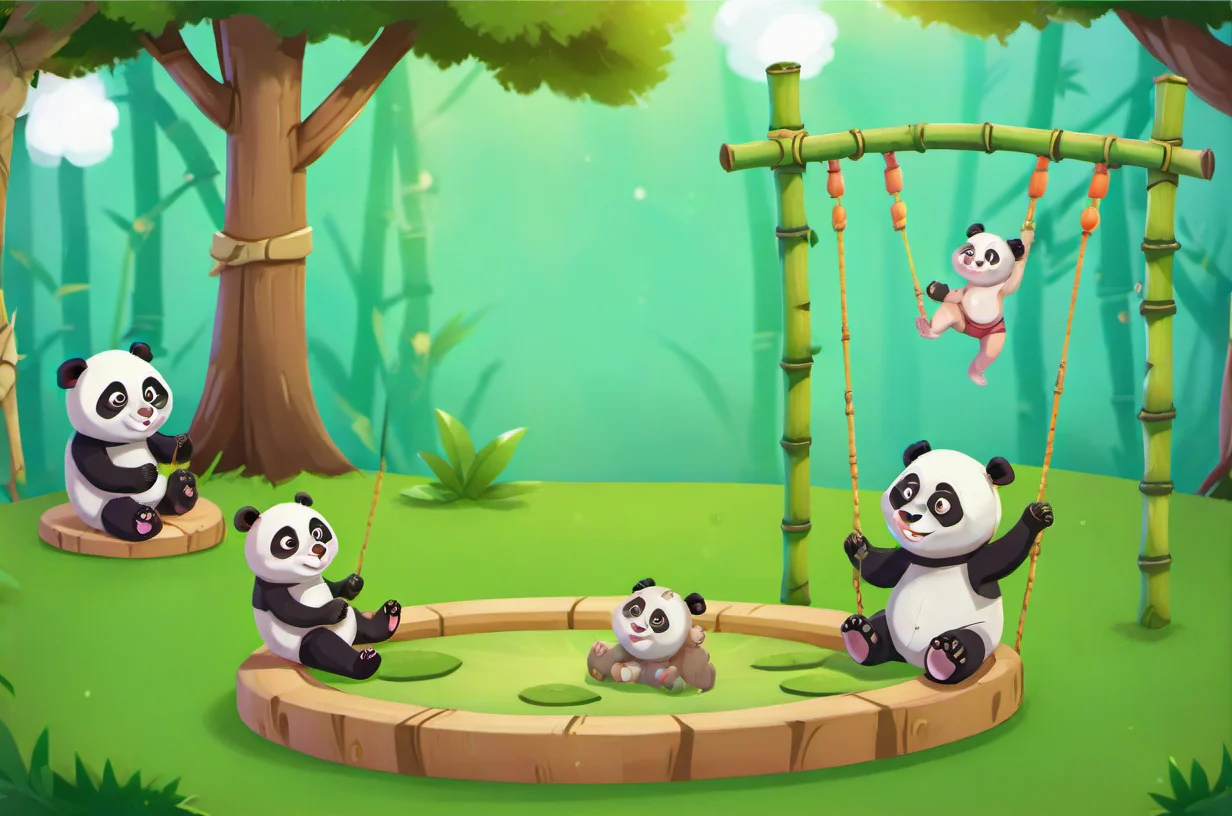 background plate, Panda Playground: Bamboo swings, playful pandas, bamboo slides, giggling baby pandas, zen garden., v3rd, flatee, <lora:BACKTOON_0.1_RC:0.6>