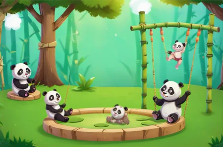 background plate, Panda Playground: Bamboo swings, playful pandas, bamboo slides, giggling baby pandas, zen garden., v3rd, flatee, <lora:BACKTOON_0.1_RC:0.6>