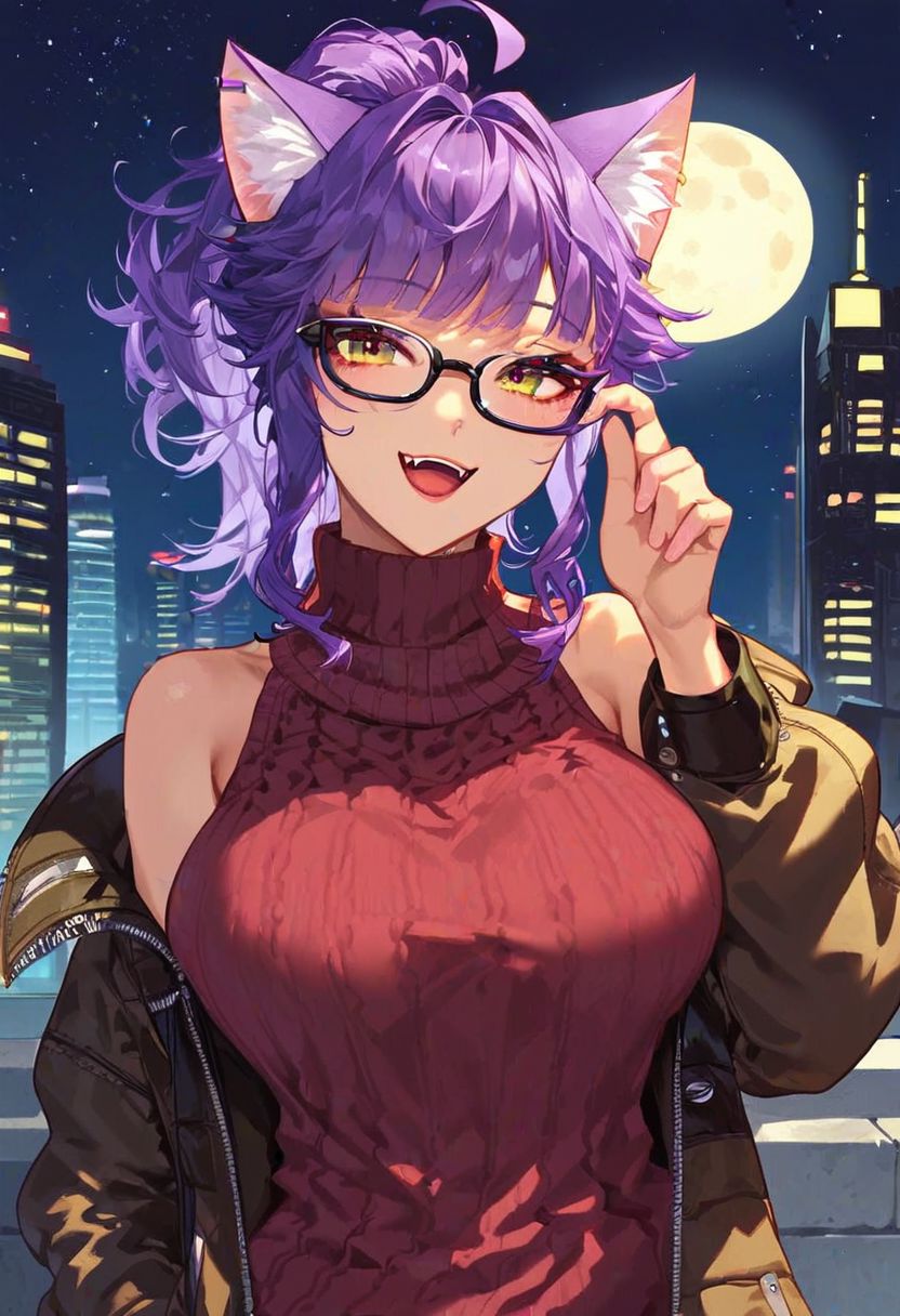score_9_up, score_8_up_, score_7_up, very detailed, cute catgirl, cute pose, catgirl ears, tanned skin, titanium framed glasses, bright neon purple hair, ponytail, medium hair, ahoge hair, unkempt hair, sly smile, open mouth, adjusting glasses, starry jewelrey, baggy sweater, oversized sweater, dark red turtleneck sweater, wearing black biker coat over sweater, short coat, studded, well dressed, night time, cyberpunk city in background, moon, solo focus on female, from waist up, detailed face, best detail, (best quality:1.5), masterpiece, (high resolution:1.5)
ng_deepnegative_v1_75t, OverallDetail, , Expressiveh