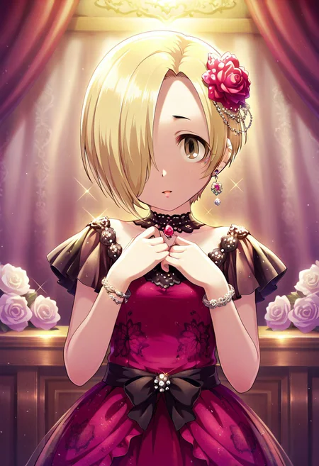 masterpiece,best quality,amazing quality, shirasaka koume, blonde hair, hair over one eye, short hair, brown eyes, 1girl, jewelry, solo, hair ornament, earrings, flower, dress, hair flower, looking at viewer, bracelet