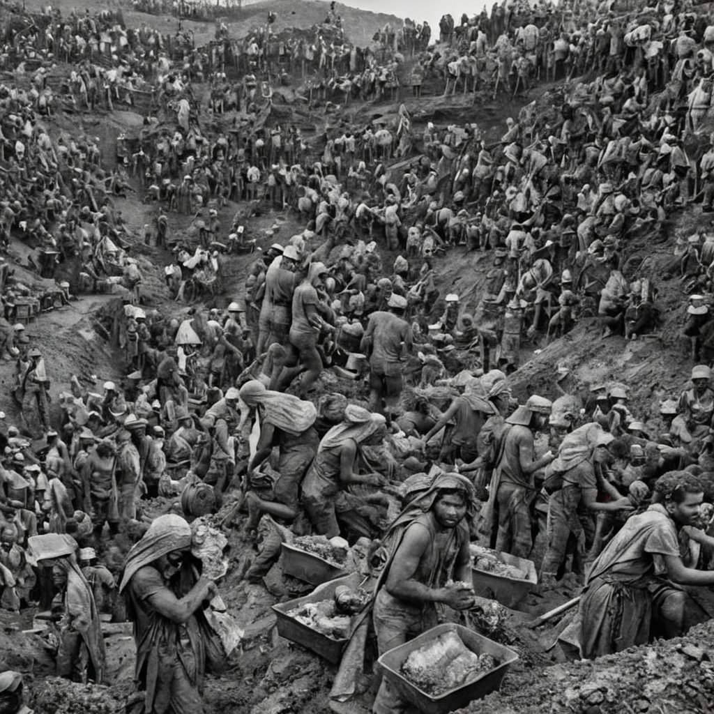 a (black and white:1.5) photo of numerous miners working in a vast, muddy excavation site. The workers are covered in dirt, wearing makeshift clothing and head coverings. Some people are carrying bags or tools, while others are standing and resting. The background is filled with more workers scaling the rough terrain High contrast, extreme details, intricate details, 8k, 35mm photo, photorealism, realistic photo, national geographic style, masterpiece