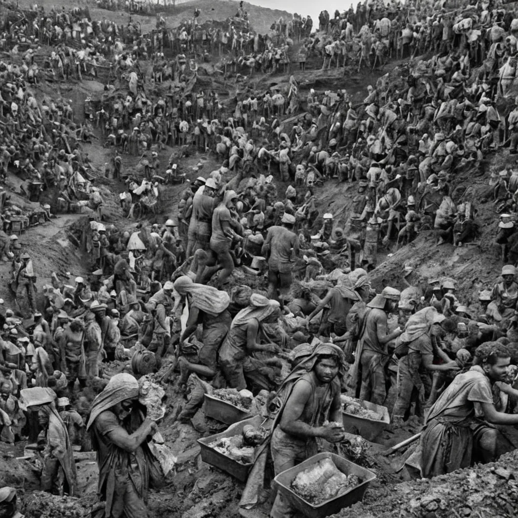 a (black and white:1.5) photo of numerous miners working in a vast, muddy excavation site. The workers are covered in dirt, wearing makeshift clothing and head coverings. Some people are carrying bags or tools, while others are standing and resting. The background is filled with more workers scaling the rough terrain High contrast, extreme details, intricate details, 8k, 35mm photo, photorealism, realistic photo, national geographic style, masterpiece