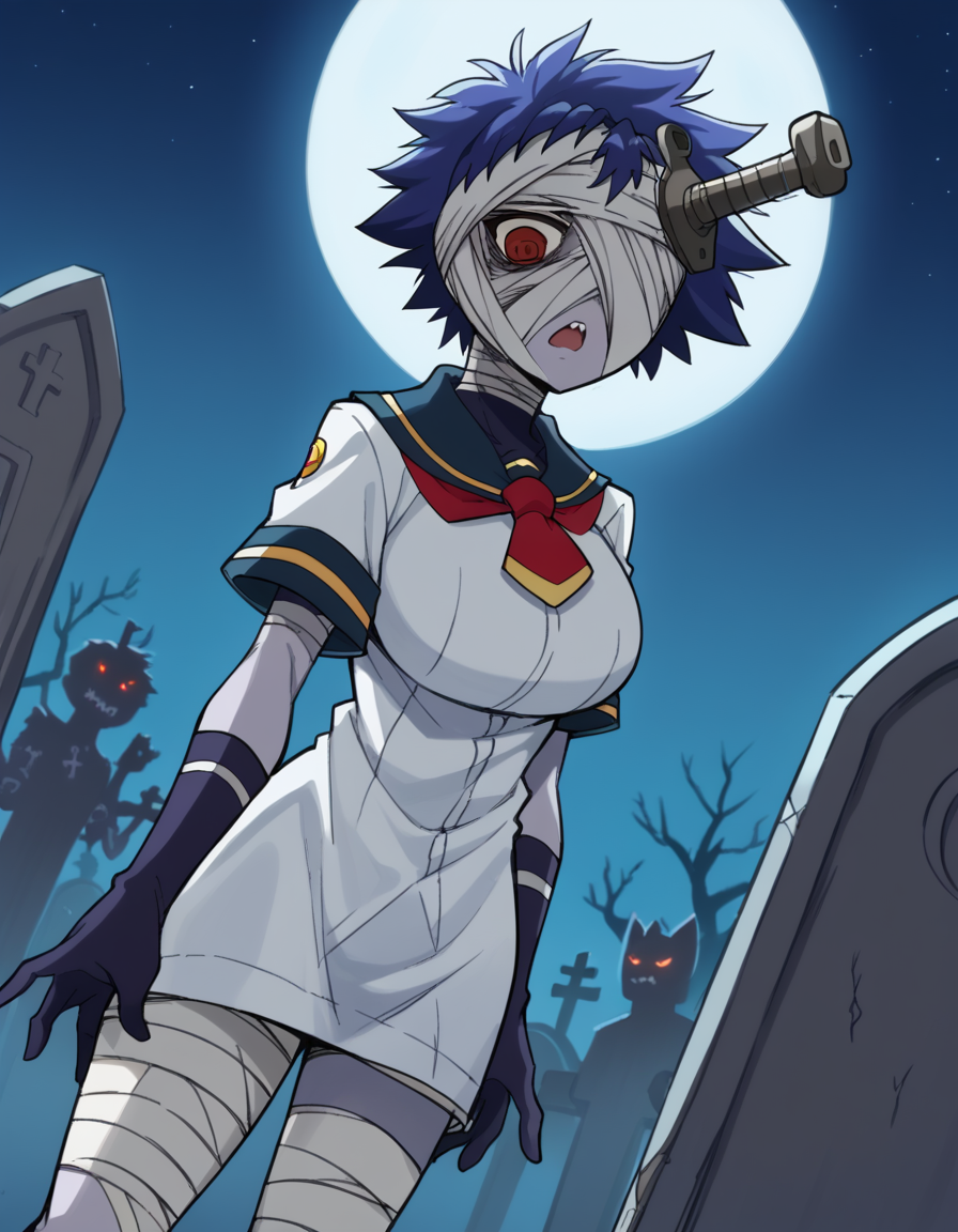 score_9, score_8_up, score_7_up, source_anime, <lora:youka-naze-s2-ponyxl-lora-nochekaiser:1>, youka naze, short hair, large breasts, red eyes, blue hair, bandages, bandage over one eye, <lora:zombie-ponyxl-lora-nochekaiser:1>, zombie, colored skin, stitches, grey skin, multicolored skin, stitched face, zombie pose, halloween, halloween costume,, night, moon, graveyard, tombstone, grave, open mouth, , dutch angle, cowboy shot