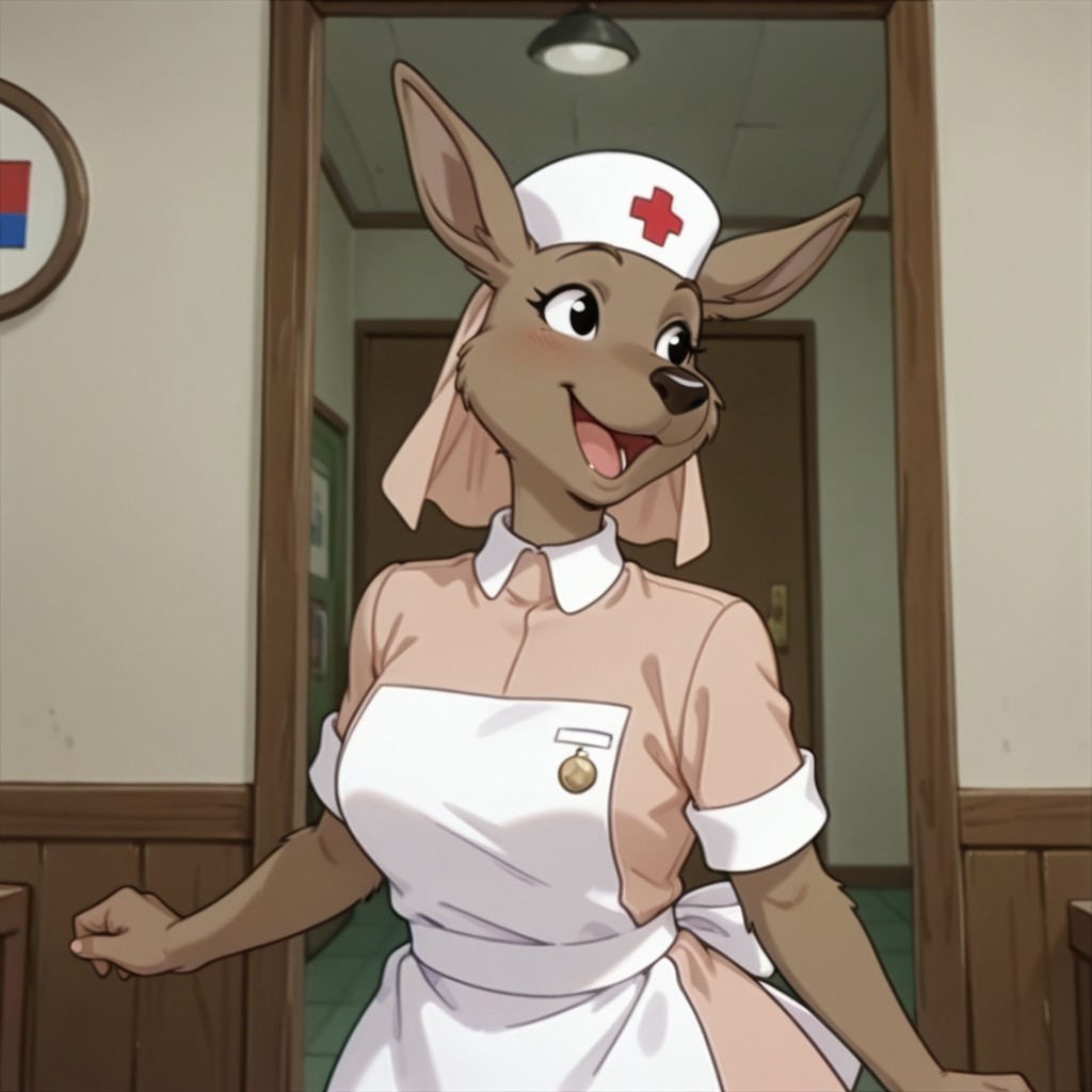 masterpiece, best quality, amazing quality, roonurseil, semi-anthro, female, kangaroo, brown fur, black eyes, pink dress, white trim, white apron, medal, white nurse cap, pink veil, red cross, happy, inside, solo