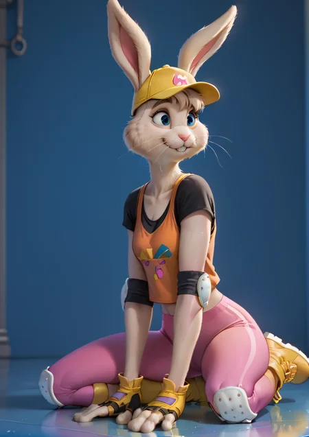 1girl, solo,
score_6, score_7, score_8, score_9, masterpiece, best quality, highly detailed,
 <lora:Gert_-_Stay_Alert_Stay_Safe:1>, anthro bunny, blue eyes, whiskers, bangs, protective pads, orange tanktop, pink leggings, black undershirt, yellow cap, yellow boots,