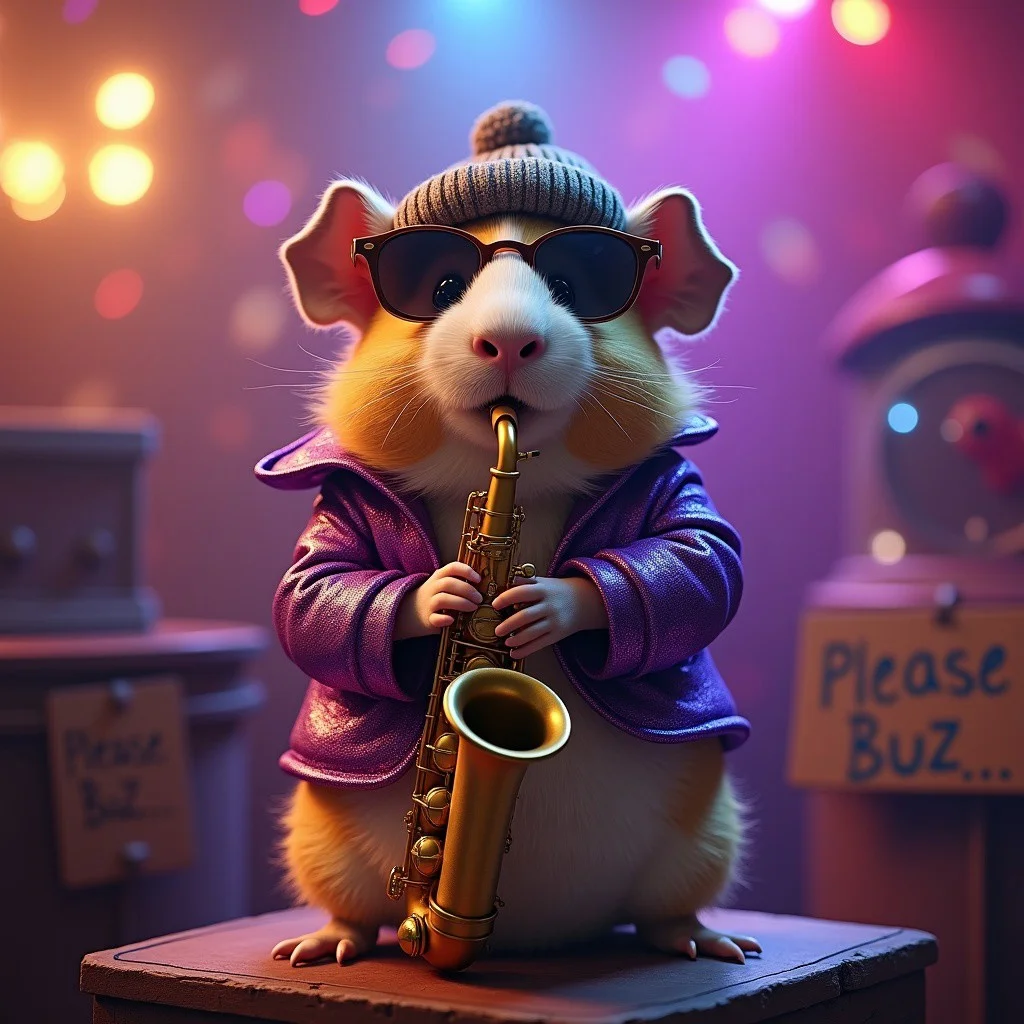 A cute guineapig playing the saxophone up on a high pedestal, wearing a beanie, shades, a purple sparkling jacket, disco lights, photorealistic, a cardboard sign that says "Please Buzz...", colourful, epic, cinematic shot,
