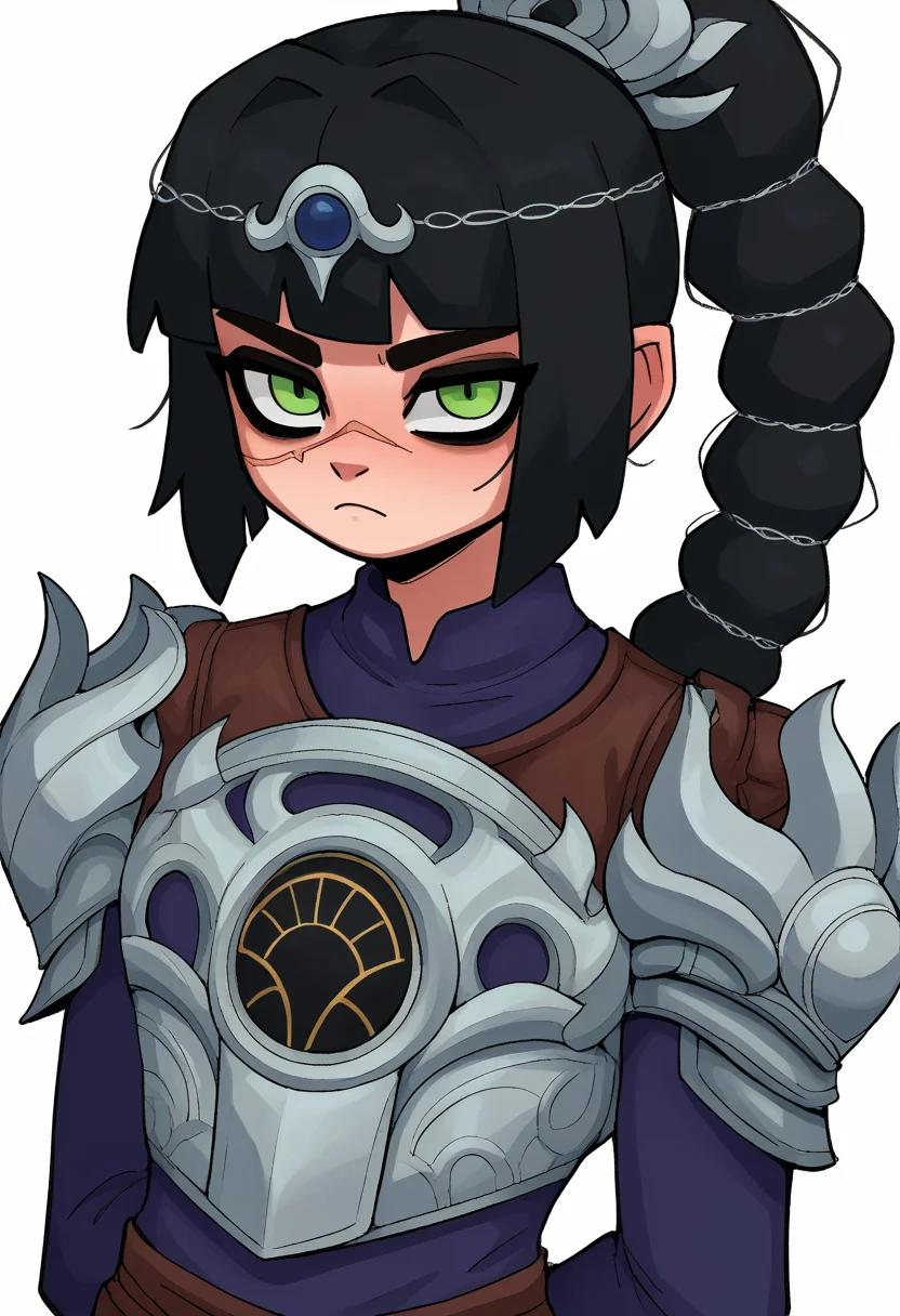 score_9, score_8_up, score_7_up, score_6_up, score_5_up, score_4_up, BREAK, source_anime, gummo, 1girl, solo, shadowheart, black hair, braided ponytail, green eyes, scar on face, circlet, looking at viewer, armor, arms behind back, standing, white background <lora:ShadowHeartXL:1> <lora:GummoXLLocon:1>