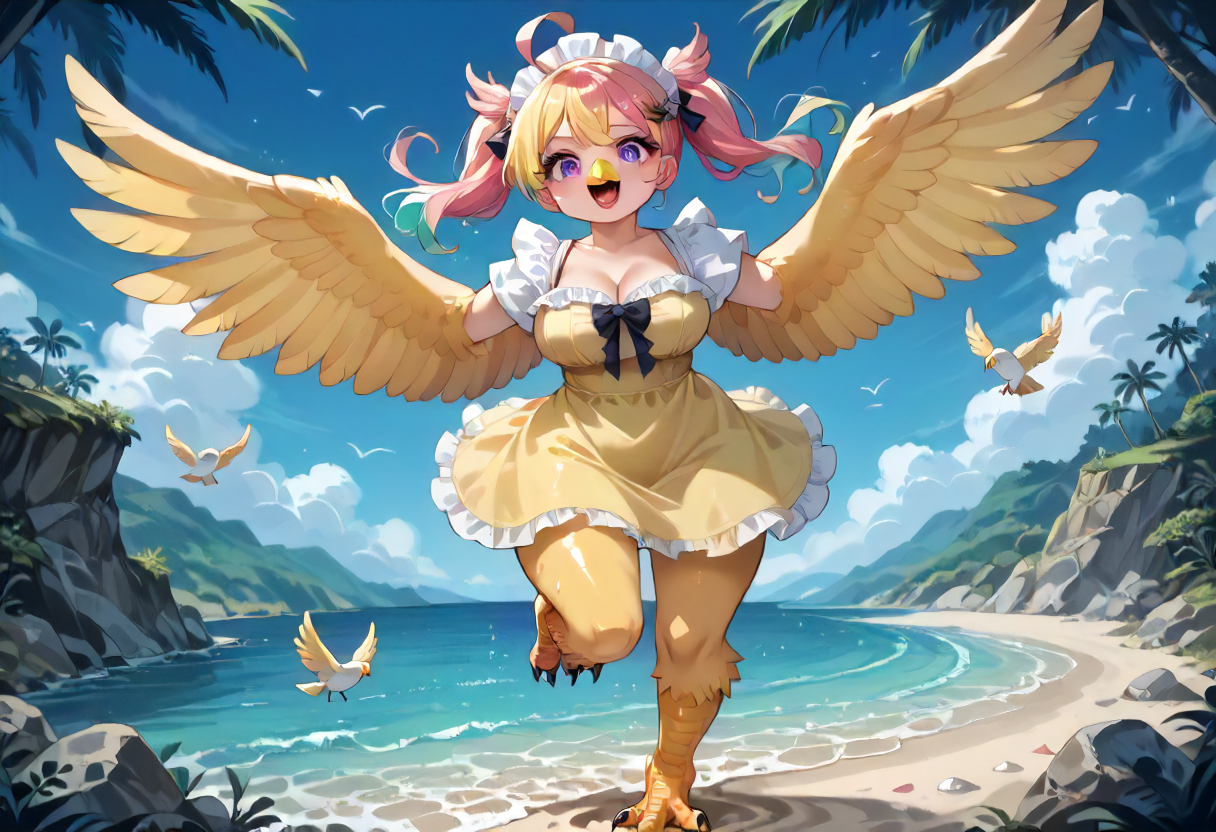 best resolution,score_9,score_8_up,score_7_up,score_6_up,score_8,score_7,score_6,best quality,masterpiece,source_anime,fantasy,beach background,1girl,solo,kawaii,cute,chibi,bikini style,1girl, winged arms, harpy, big breasts, yellow sundress, outdoors, beach background,expressiveh <lora:InflationXL_063-NoReg-epoch-08:0.25> <lora:Expressive_H:0.6> <lora:detail_eyes:0.3>  <lora:winged_arm_style:0.8>