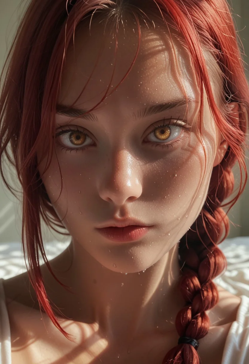 (score_9, score_8_up, score_7_up, score_6_up,
source_anime, Makima, ringed eyes,  red hair, braided ponytail, bangs, yellow eyes, sidelocks, medium hair, long hair, masterpiece, upper body close-up, chest focus, chest close-up, Dutch angle, close-up, super close-up, big breasts, big hips, thick legs, wide hips, hourglass figure, big breasts, sexy, sweat beads, sweat, sexy, cleavage, dynamic lines, bedroom, dynamic angle, close-up, flirting,
