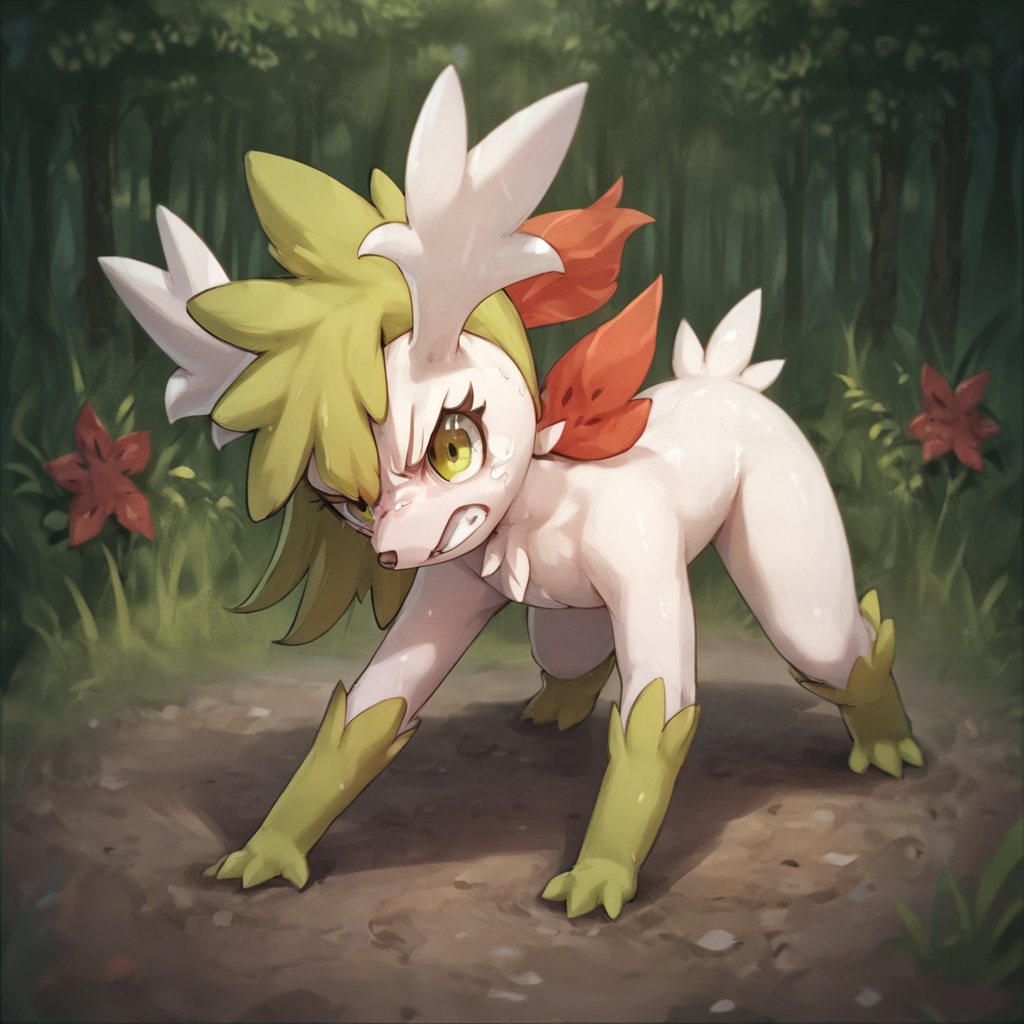 score_9, score_8_up, score_7_up, score_6_up, score_5_up, score_4_up, source_anime,  Shaymin_Poke, creature, angry, fighting pose, all fours, forest