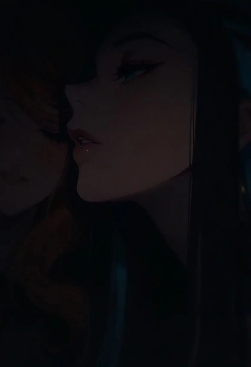 2girls, Nessa, Sonia, dark, light, masterpiece, best quality, very aesthetic, close up,  parted lips, rim light