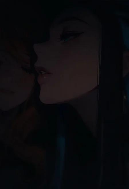 2girls, Nessa, Sonia, dark, light, masterpiece, best quality, very aesthetic, close up, parted lips, rim light