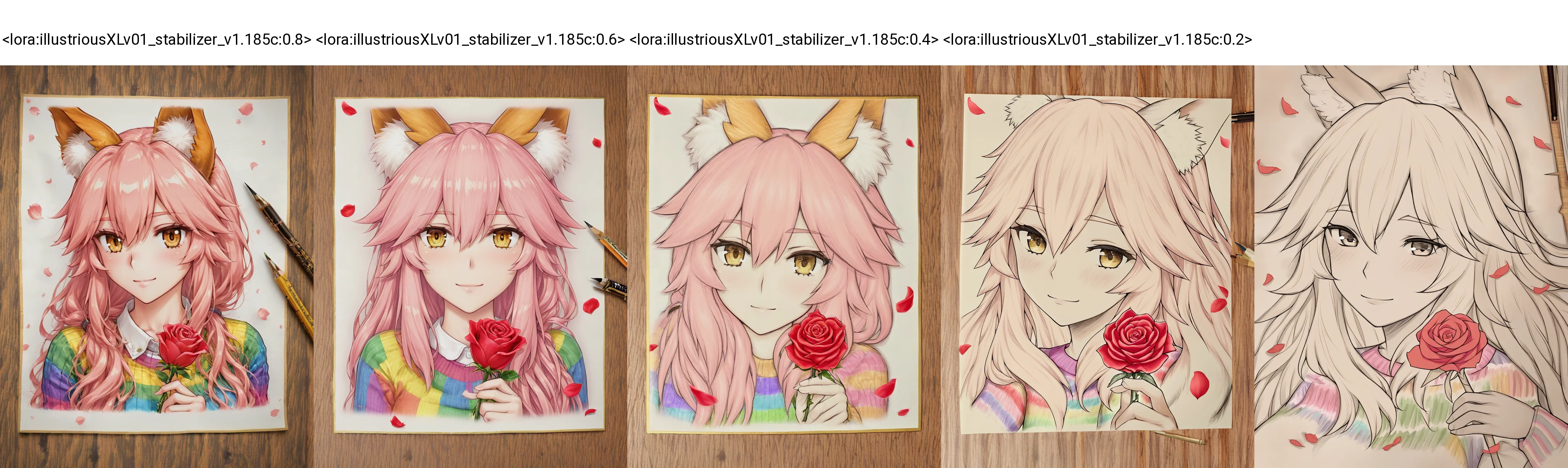<lora:illustriousXLv01_stabilizer_v1.185c:0.8>wooden tabletop,pencil art on paper,pencil,1girl,tamamo \(fate\),portrait,light smile,long hair,rainbow sweater,holding rose,falling petals,[:masterpiece:0.2],