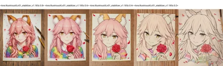 <lora:illustriousXLv01_stabilizer_v1.185c:0.8>wooden tabletop,pencil art on paper,pencil,1girl,tamamo \(fate\),portrait,light smile,long hair,rainbow sweater,holding rose,falling petals,[:masterpiece:0.2],