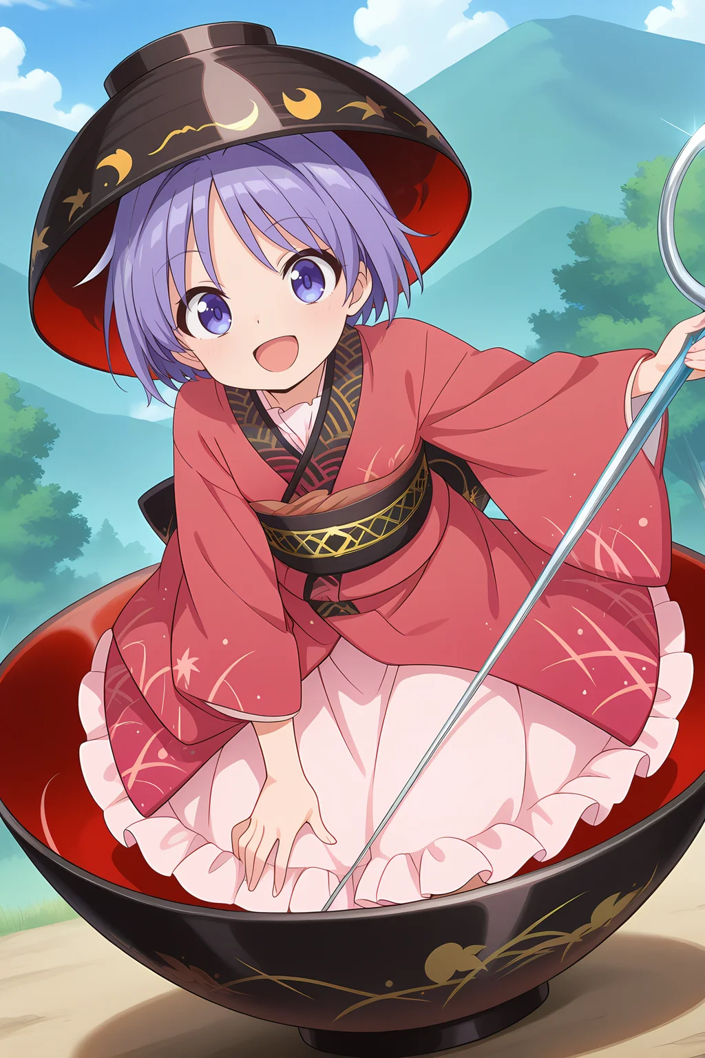 absurdres, highres, masterpiece, best quality, amazing quality, official anime artwork, screencap, anime screencap, outdoors, light smile, looking at viewer, dynamic pose,
 <lora:Shinmyoumaru-Sukuna_Illustrious:1> sukuna shinmyoumaru, 1girl, solo, blue eyes, purple eyes, blue hair, purple hair, short hair, antena hair,, bowl hat, japanese clothes, red kimono, frilled kimono, long sleeves, wide sleeves, sash, pink skirt, frilled skirt, minigirl, 
holding needle, needle sword, in a bowl, oversized bowl, open mouth,