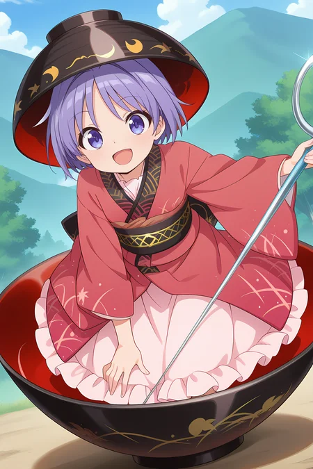 absurdres, highres, masterpiece, best quality, amazing quality, official anime artwork, screencap, anime screencap, outdoors, light smile, looking at viewer, dynamic pose,
 <lora:Shinmyoumaru-Sukuna_Illustrious:1> sukuna shinmyoumaru, 1girl, solo, blue eyes, purple eyes, blue hair, purple hair, short hair, antena hair,, bowl hat, japanese clothes, red kimono, frilled kimono, long sleeves, wide sleeves, sash, pink skirt, frilled skirt, minigirl, 
holding needle, needle sword, in a bowl, oversized bowl, open mouth,