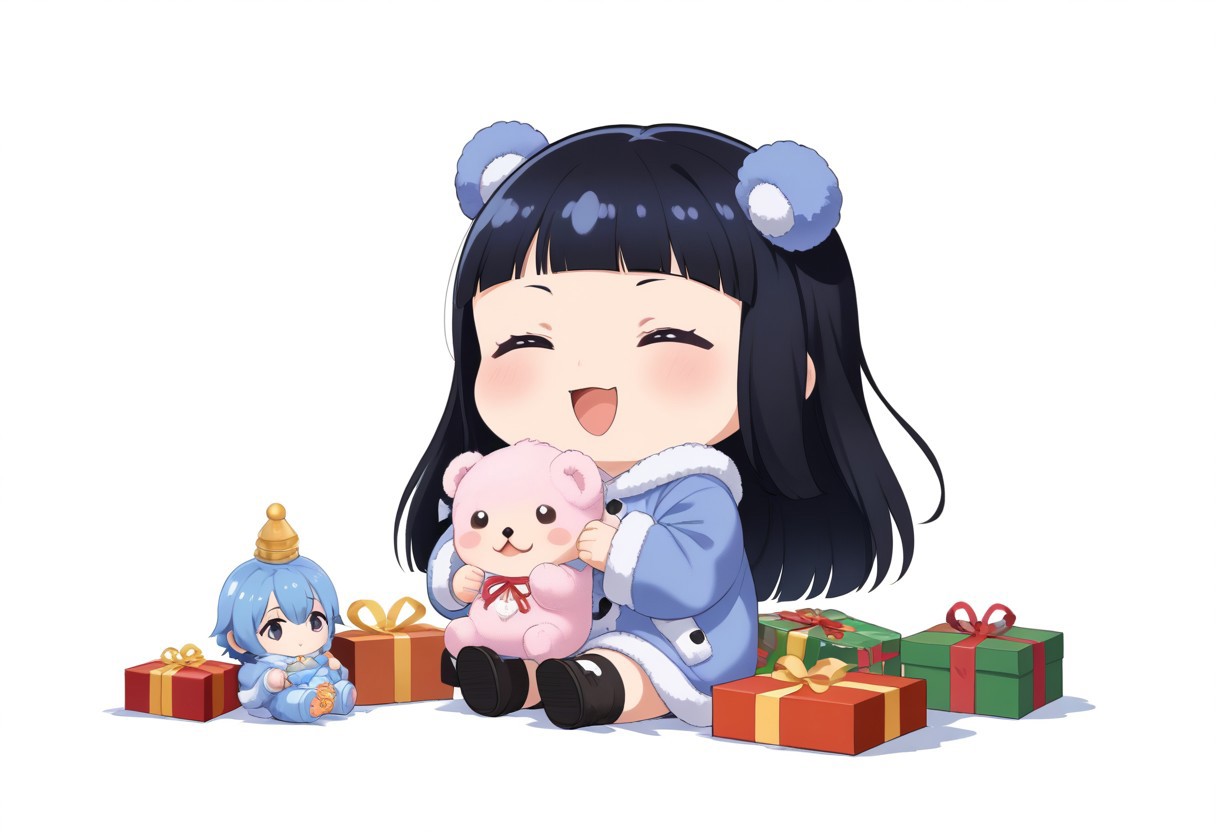chibi solo, 1girl, medium black hair fluffy blue hanfu, wide long sleeves white hanfu, funny, chibi sitting, infant, toddler,
Fat chibi open christmas gifts, medium, baby, infant, toddler,
 Toy plushie, opened mouth, smile, giggled, white background, christmas party, chibi, chibi, infant, force side view, force from side,