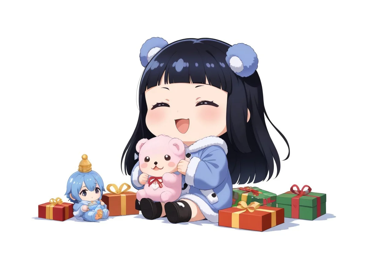 chibi solo, 1girl, medium black hair fluffy blue hanfu, wide long sleeves white hanfu, funny, chibi sitting, infant, toddler,
Fat chibi open christmas gifts, medium, baby, infant, toddler,
Toy plushie, opened mouth, smile, giggled, white background, christmas party, chibi, chibi, infant, force side view, force from side,