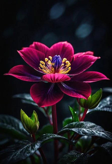 (((masterpiece))),(((bestquality))),((ultra-detailed)),
close-up,macro_shot,depth of field,A rare plant whose petals are variously colored,Dark moody lighting,stop method,Classicism,UHD,high resolution,