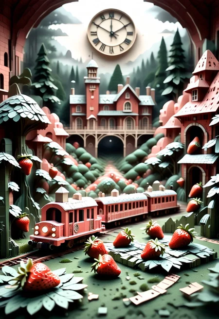 lazypos, CardboardStyle, low-poli, voxels, voronoi, whimsical, the Strawberry Station is a countryside train station nestled inside a colossal strawberry, complete with ivy-covered brickwork and a tiny clock tower stem. A vintage red train with strawberry decals pulls in. Symmetrical framing, soft morning fog, warm lighting, whimsical yet grounded style.
Style tags: SDXL cinematic, nostalgic realism, storybook scene, strawberry world, Wescore, strawberry fairy glen, made of strawberries, enchanted