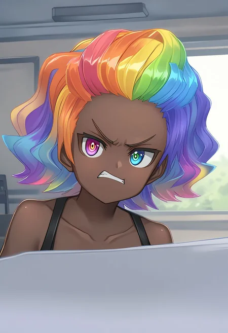 solo, high quality, best quality, amazing quality, brown skin, rainbow eyes, rainbow hair, afro, forehead, 2d, room, angry,