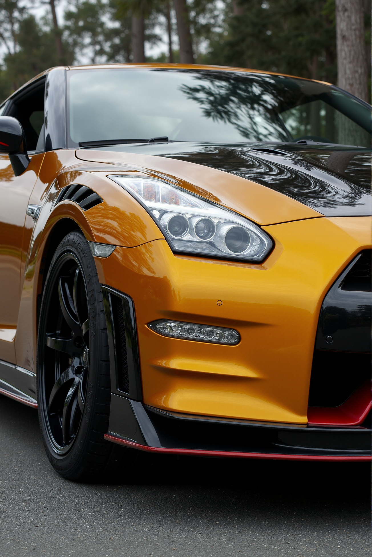 <lora:Nissan_GT-R_R35:0.7>  A slightly from below eye level of a gorgeous Nissan GT-R R35 in all its shining glory. In a style of clean look. The car has golden paint job with black undertone. Mirror-like, high gloss finish catches bright highlights. Vibrant color palette.