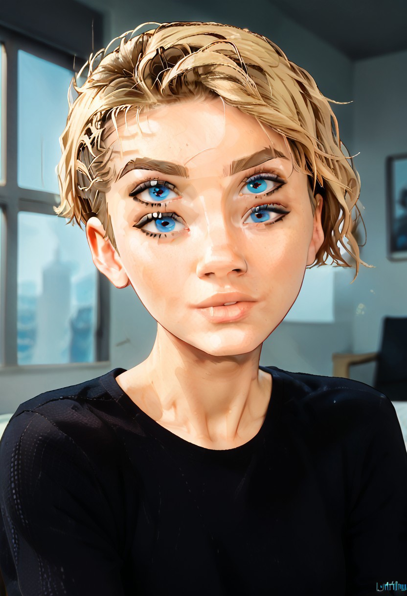 masterpiece, best quality, amazing quality, very aesthetic, absurdres, imtdshadybugillus, 1girl, Four eyes, gwen stacy, blonde hair,undercut,blue eyes