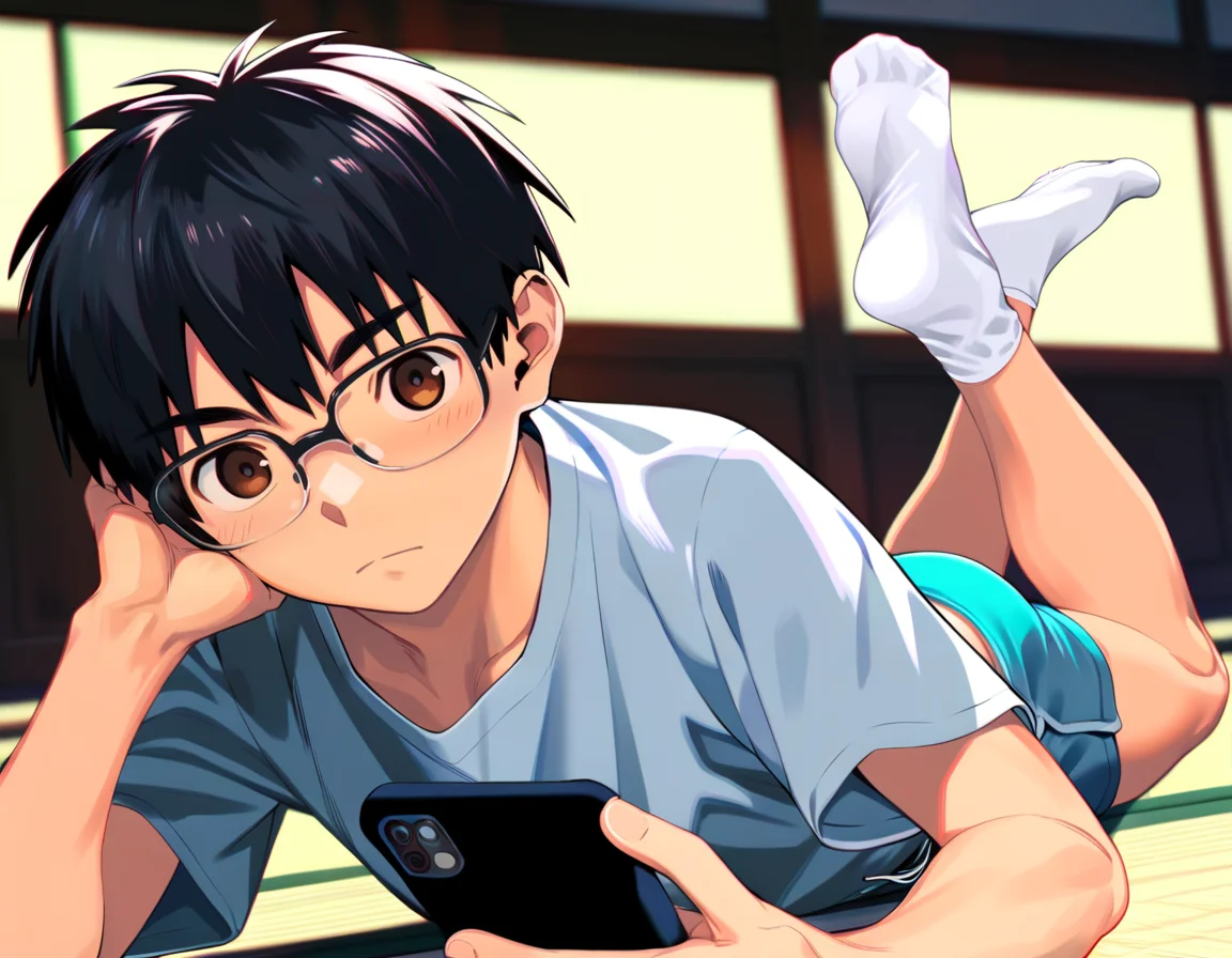 score_9, score_8_up, score_7_up, score_6_up, source_anime, film grain, indoors, tatami, dutch angle, foreshortening, fisheye, 1boy, solo, black hair, brown eyes, glasses, t-shirt, shorts, on stomach, looking at viewer, blush, ankle socks, holding smartphone, depth of field, chromatic aberration <lora:nayoshi-amxl-v4c-ShoAI:0.7> <lora:shounen_zoomXL_ot_v4d-AMXL_v2score:0.65>