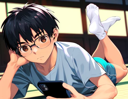 score_9, score_8_up, score_7_up, score_6_up, source_anime, film grain, indoors, tatami, dutch angle, foreshortening, fisheye, 1boy, solo, black hair, brown eyes, glasses, t-shirt, shorts, on stomach, looking at viewer, blush, ankle socks, holding smartphone, depth of field, chromatic aberration <lora:nayoshi-amxl-v4c-ShoAI:0.7> <lora:shounen_zoomXL_ot_v4d-AMXL_v2score:0.65>