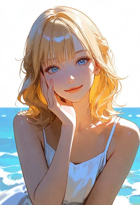 1girl, golden blonde, beautiful, detailed eyes, hair cascading in soft waves \(hairstyle\), young, blue eyes, medium hair, bangs, white top, muted colors, {{beautiful detailed face}}, semi-realistic, {{aesthetic}}, {{{best quality}}}, stunning, perfect body, soft features, looking at viewer, {playful|smirking} \(expression\), upper body, leaning, hand on face