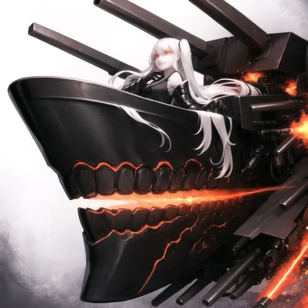 best quality, best anatomy, digital painting, Ornate illustration, dynamic, aircraft carrier oni, abyssal ship, sitting, crossed legs, establishing shot, 1girl, evil smile, glowing, glowing eyes, pale skin, red eyes, very long hair, white hair, one side up, breasts, large breasts, black dress, sailor dress, sleeveless, gauntlets, armor, armored boots, thigh boots, thighhighs, zettai ryouiki, machinery, finely detailed background, amazing background
